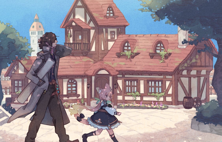 1boy, 1girl, animal_ears, aqua_ribbon, barrel, belt, black_bow, black_dress