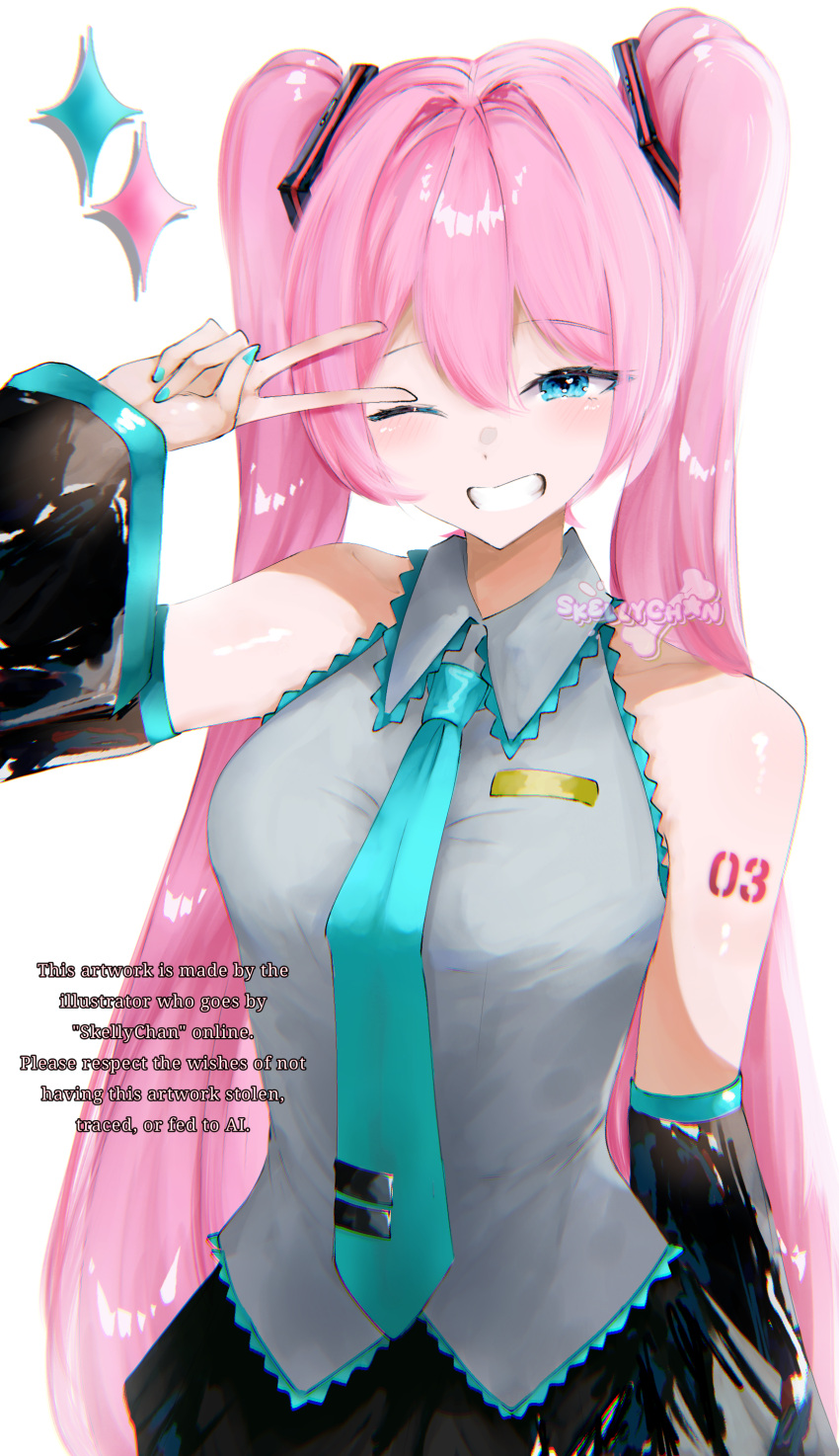 1girl, absurdres, blue_eyes, cosplay, detached_sleeves, grin, hatsune_miku, hatsune_miku_(cosplay)