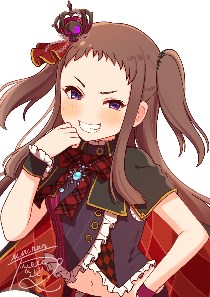 1girl, arm_at_side, artist_name, asymmetrical_wrist_cuffs, belt, black_cape, black_wrist_cuffs, blush