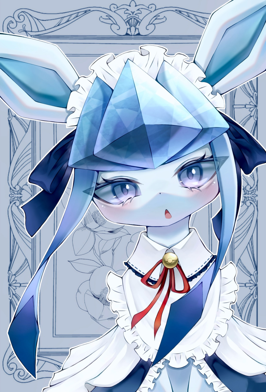 animal_focus, blue_eyes, blue_hair, blue_sclera, colored_sclera, commentary_request, glaceon, glaceon_(tea_party), highres, hinona_26587, looking_at_viewer, no_humans, open_mouth, pokemon, pokemon_(creature), pokemon_unite, sidelocks, solo