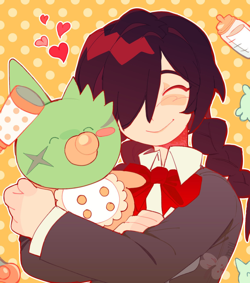 1girl, baby_bottle, bib, black_hair, blush_stickers, bottle, bow, bowtie