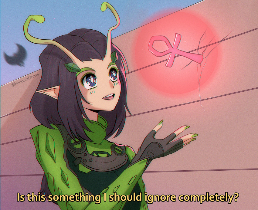 1girl, absurdres, ankh, antennae, beneceadraws, black_gloves, black_hair, blue_eyes