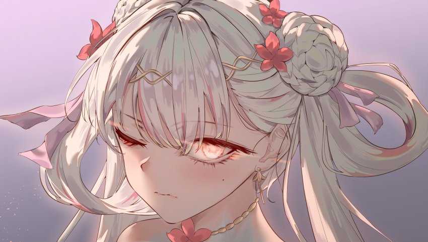 1girl, bow, closed_mouth, commentary_request, flower, flower-shaped_pupils, hair_bow, hair_flower