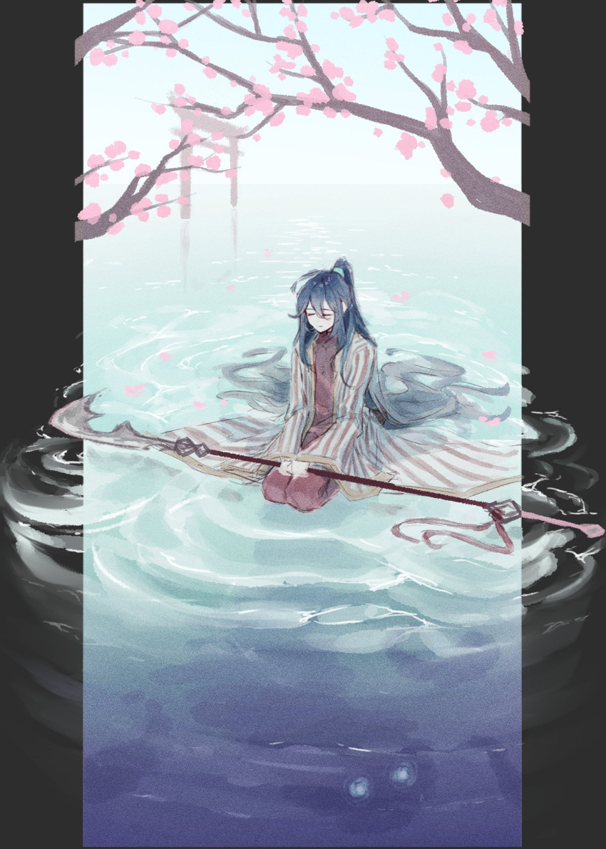 1boy, black_hair, cherry_blossoms, closed_eyes, e.g.o_(project_moon), english_commentary, glaive_(polearm), hair_between_eyes