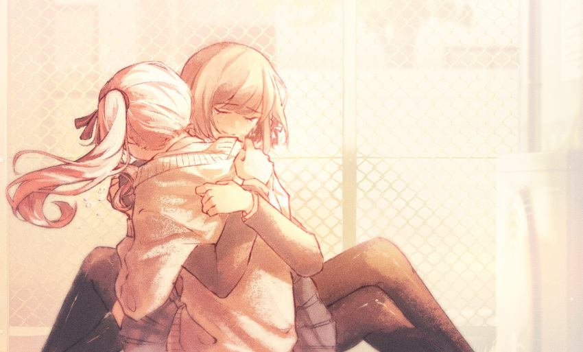 1girl, 1other, akiyama_mizuki, brown_hair, chain-link_fence, crying, fence, floating_hair, highres, hug, kokiing, long_hair, pantyhose, pink_hair, project_sekai, shinonome_ena, short_hair, side_ponytail, skirt, smile, textless_version