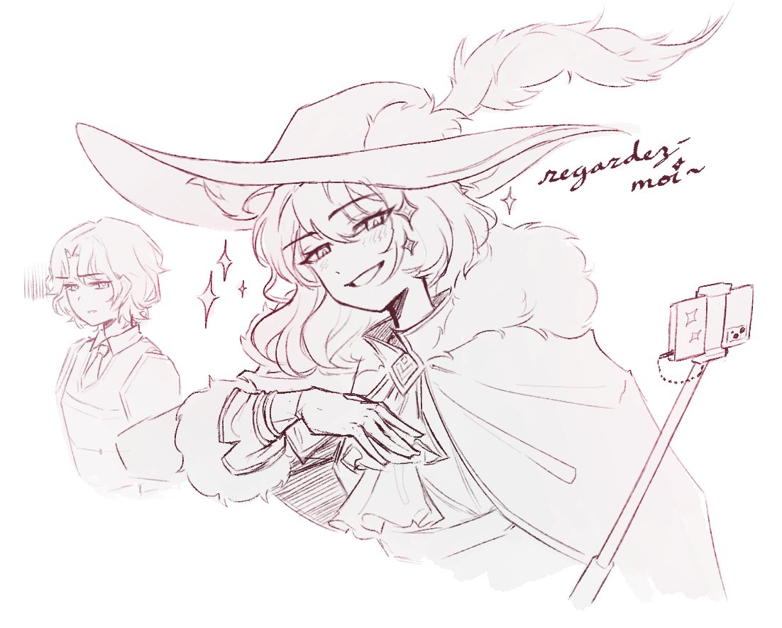 1boy, 1girl, ascot, blush, camille_(project_moon), cape, cellphone, english_commentary
