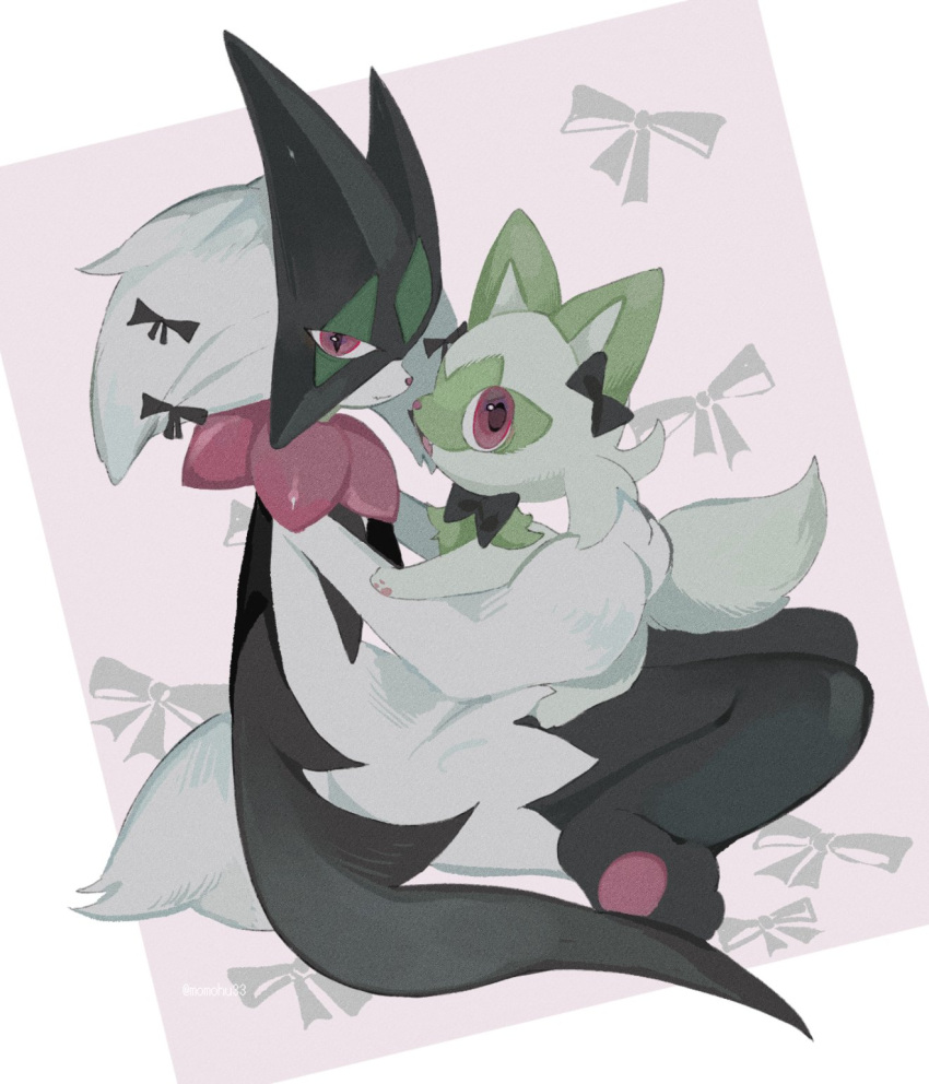 1other, black_bow, bow, cape, closed_mouth, furry, green_hair, hair_bow, hair_ornament, highres, holding, looking_at_viewer, mask, meowscarada, momohu33, open_mouth, pink_eyes, pokemon, pokemon_(creature), sitting, smile, sprigatito