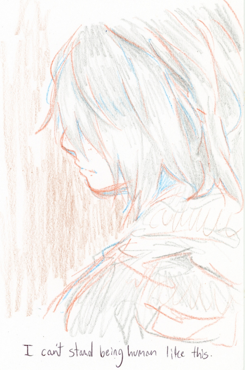1girl, androgynous, blue_trim, brown_background, closed_mouth, commentary, crayon_(medium), english_commentary