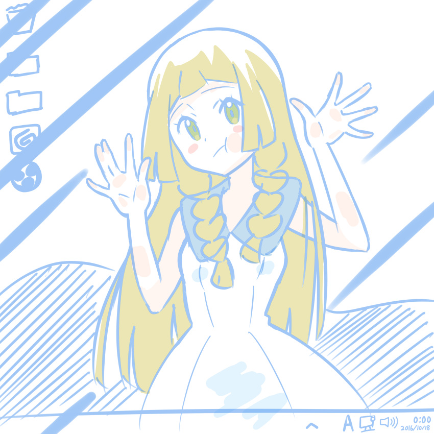 1girl, absurdres, against_glass, araki_megami, blonde_hair, braid, closed_mouth, desktop_(computing)