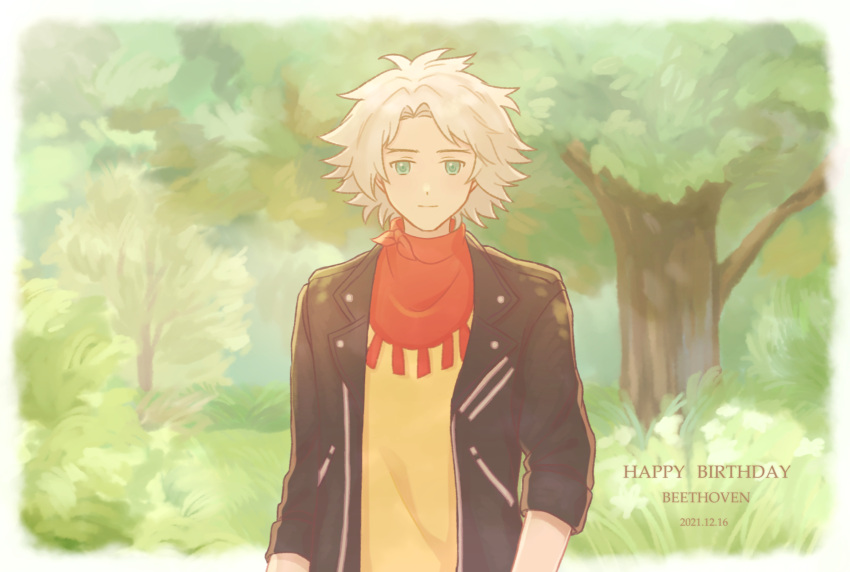 1boy, bandana, black_jacket, border, classicaloid, closed_mouth, commentary, green_eyes