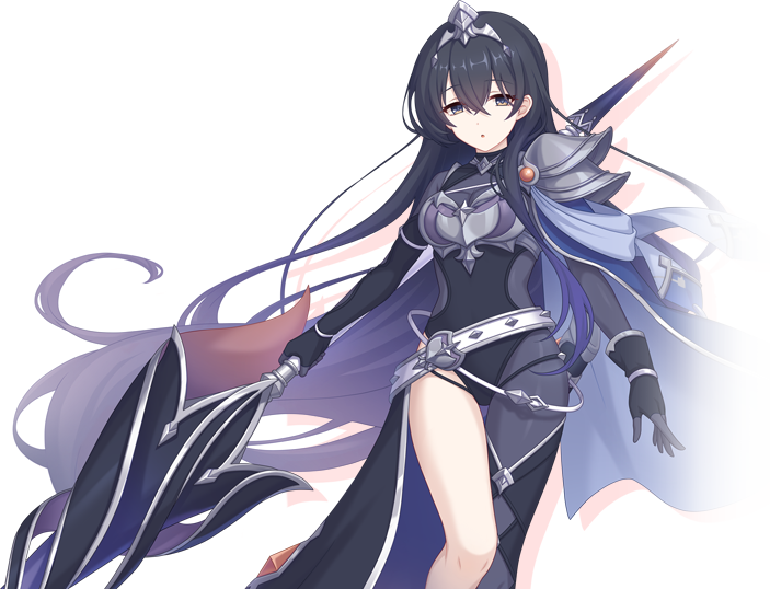 1girl, armor, belt, black_eyes, black_hair, breasts, cloak, colored_skin, gloves, grace_(princess_connect!), hair_between_eyes, hair_ornament, holding, holding_weapon, long_hair, official_art, open_mouth, princess_connect!, shadow, shoulder_armor, thighs, very_long_hair, weapon, white_background, white_skin