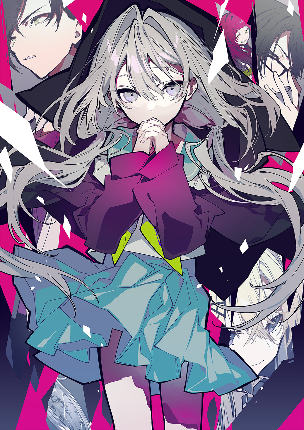 1girl, black_jacket, blue_sailor_collar, blue_skirt, bow, character_request, commentary_request, covered_mouth