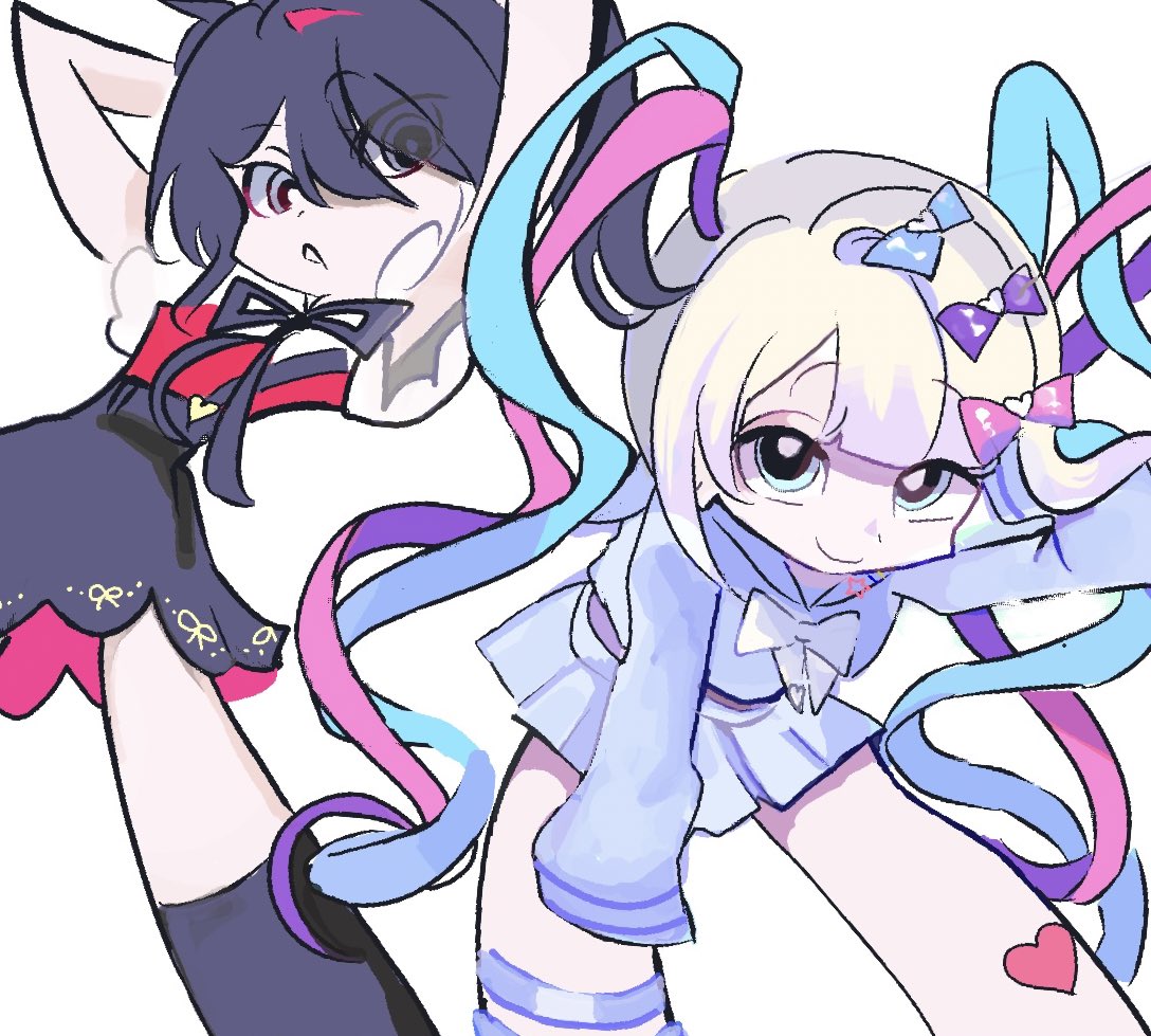 2girls, ame-chan_(needy_girl_overdose), arm_behind_head, arm_up, arms_up, black_eyes, black_footwear, black_hair, black_ribbon, black_skirt, blonde_hair, blue_bow, blue_eyes, blue_footwear, blue_hair, blue_serafuku, blue_skirt, boots, bow, chouzetsusaikawa_tenshi-chan, collared_shirt, commentary, hair_bow, looking_at_viewer, miniskirt, multicolored_bow, multicolored_hair, multiple_girls, multiple_hair_bows, naishukketsukata, neck_ribbon, needy_girl_overdose, panty_&amp;_stocking_with_garterbelt_(style), pink_bow, pink_hair, purple_bow, red_shirt, ribbon, school_uniform, serafuku, shirt, short_twintails, skirt, smile, suspender_skirt, suspenders, twintails