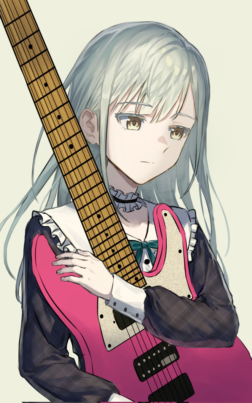 1girl, 7-string_guitar, bang_dream!, bang_dream!_it's_mygo!!!!!, black_choker, black_dress, choker, closed_mouth