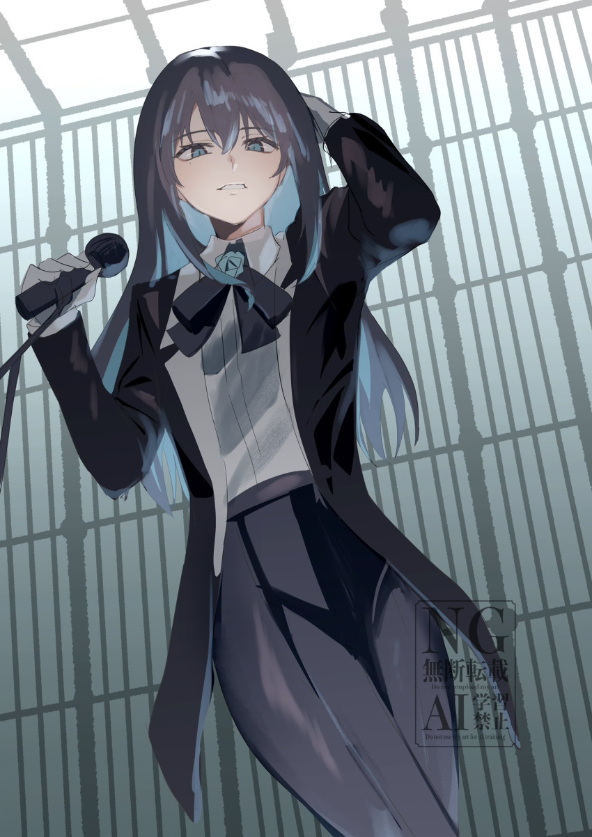 1girl, ado_(utaite), ado_box, black_hair, black_pants, blue_eyes, blue_hair, chando_(ado)