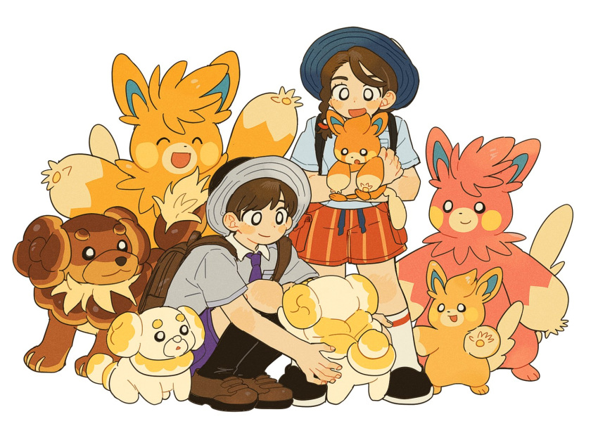0pkmn, 1boy, 1girl, ^_^, alternate_color, backpack, bag, black_footwear