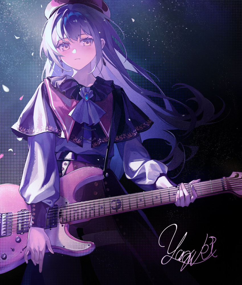 1girl, 7-string_guitar, ascot, bang_dream!, bang_dream!_it's_mygo!!!!!, beret, black_capelet, blush