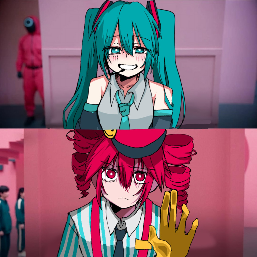 2girls, bare_shoulders, black_necktie, blue_eyes, blue_hair, blue_necktie, blush, closed_mouth