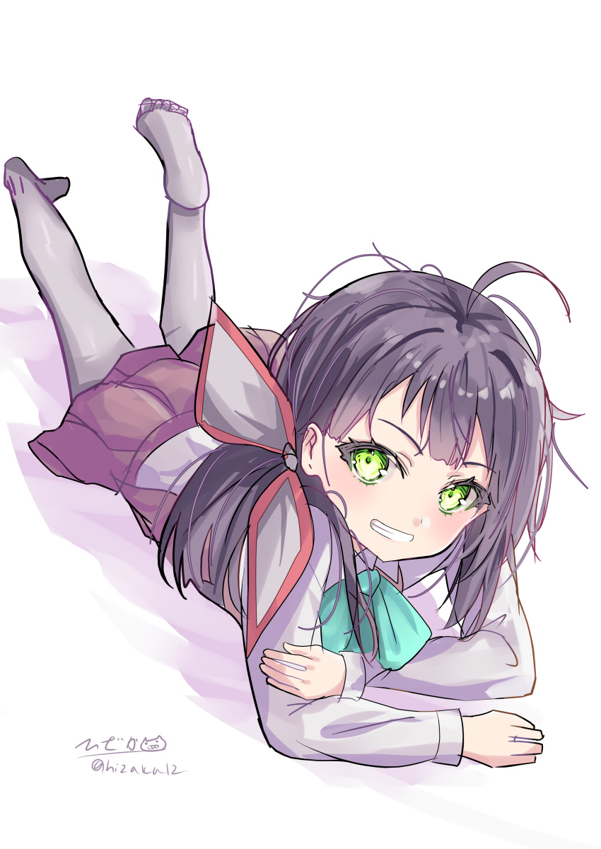 1girl, absurdres, dress, dress_shirt, fujinami_(kancolle), fujinami_kai_ni_(kancolle), green_eyes, grin, hair_ribbon, highres, hizaka, kantai_collection, long_hair, looking_at_viewer, lying, messy_hair, on_stomach, pantyhose, purple_dress, purple_hair, ribbon, shirt, smile, solo, twitter_username