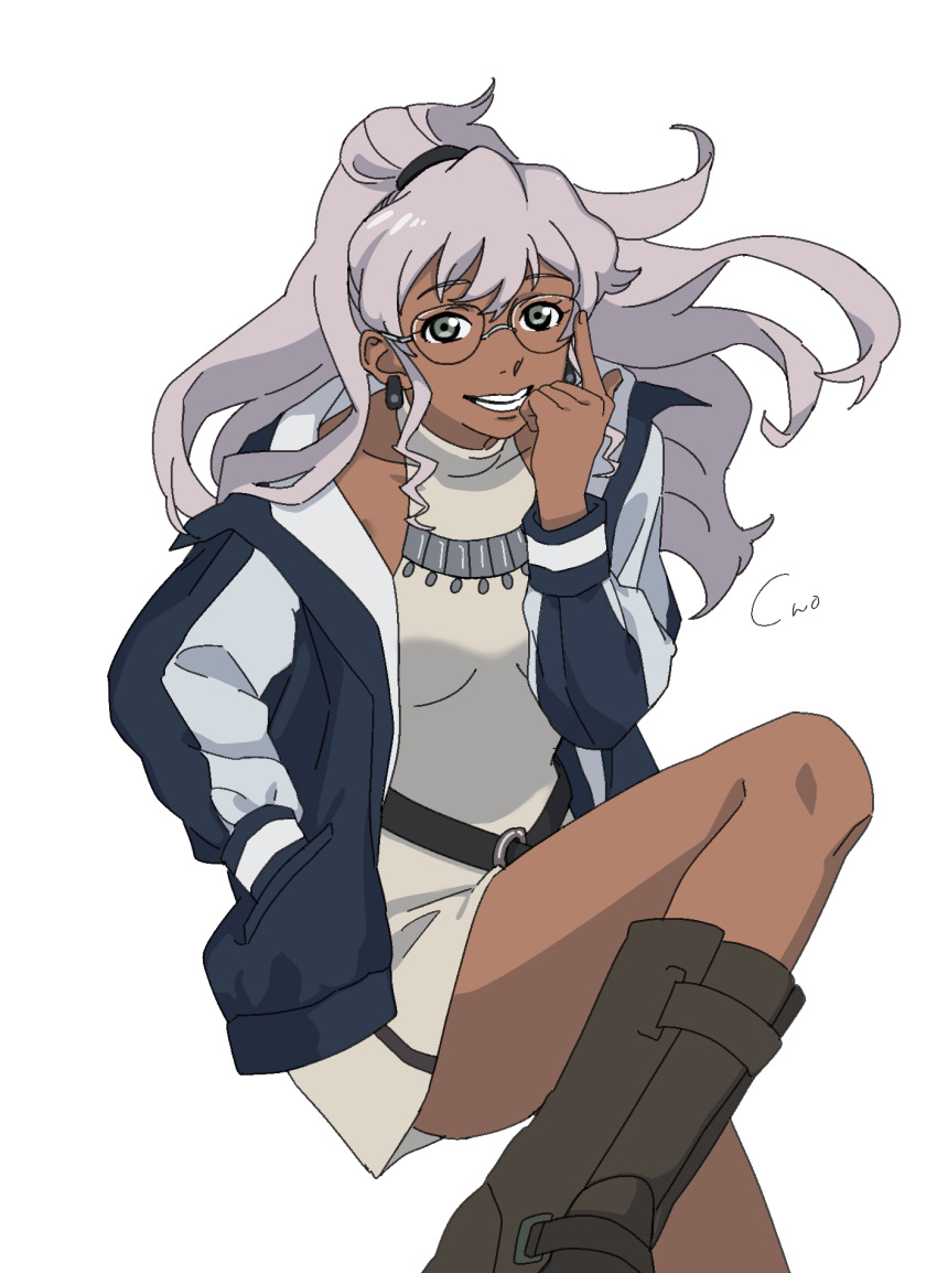 1girl, boots, breasts, chocozaina_720, dark-skinned_female, dark_skin, earrings, glasses, grey_eyes, grey_hair, highres, jacket, jewelry, long_hair, metallic_rouge, naomi_orthmann, simple_background, small_breasts, smile, solo, turtleneck