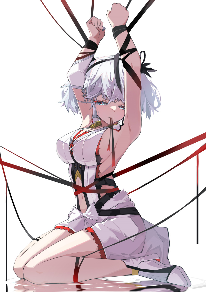 1girl, absurdres, alternate_breast_size, armpits, asymmetrical_clothes, black_eyes, black_flower, black_ribbon