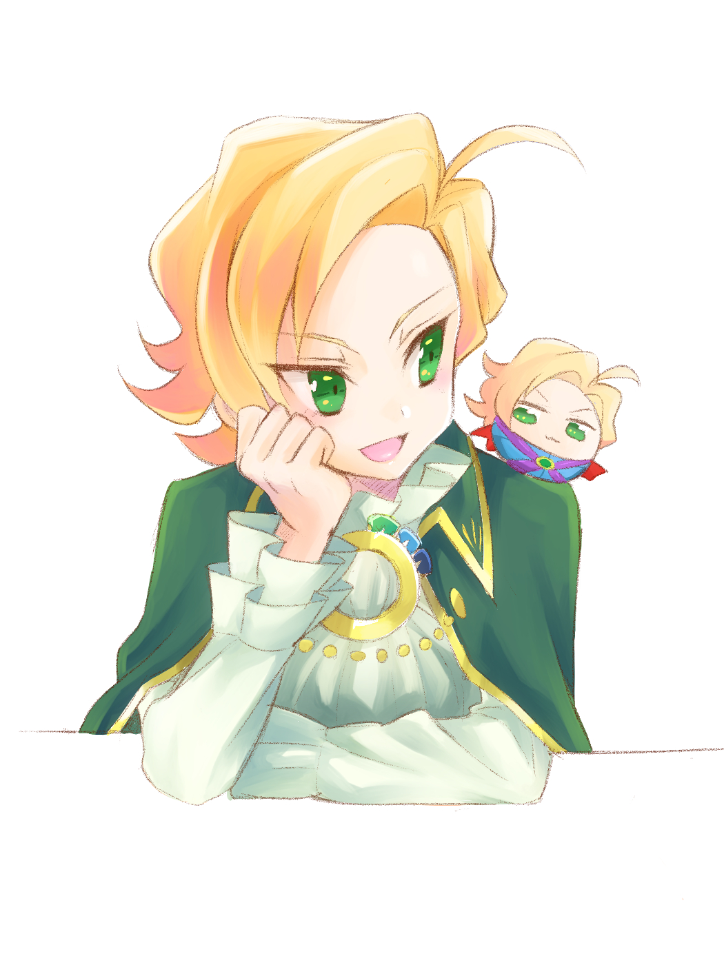 1boy, arm_on_table, ascot, blonde_hair, chibi, classicaloid, commentary_request, green_eyes