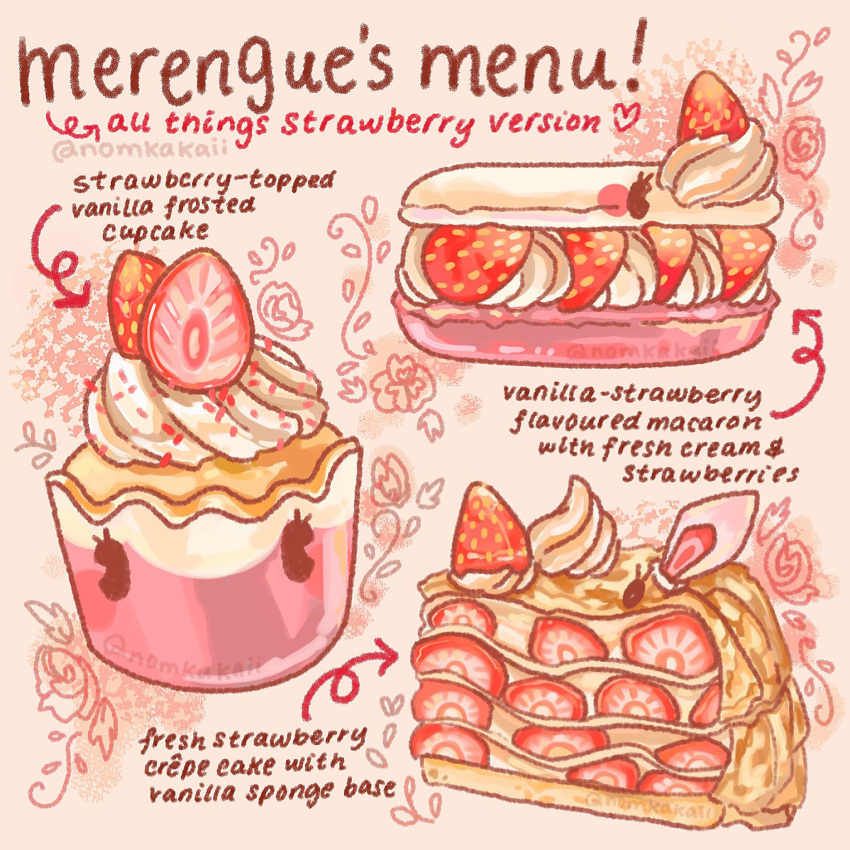 animal-themed_food, animal_crossing, arrow_(symbol), artist_name, cake, cake_slice, character-themed_food, character_name, commentary, cupcake, english_commentary, english_text, flower, food, food_focus, fruit, highres, icing, macaron, merengue_(animal_crossing), no_humans, nomkakaii, pink_background, pink_theme, rose, sprinkles, strawberry, strawberry_shortcake, strawberry_slice