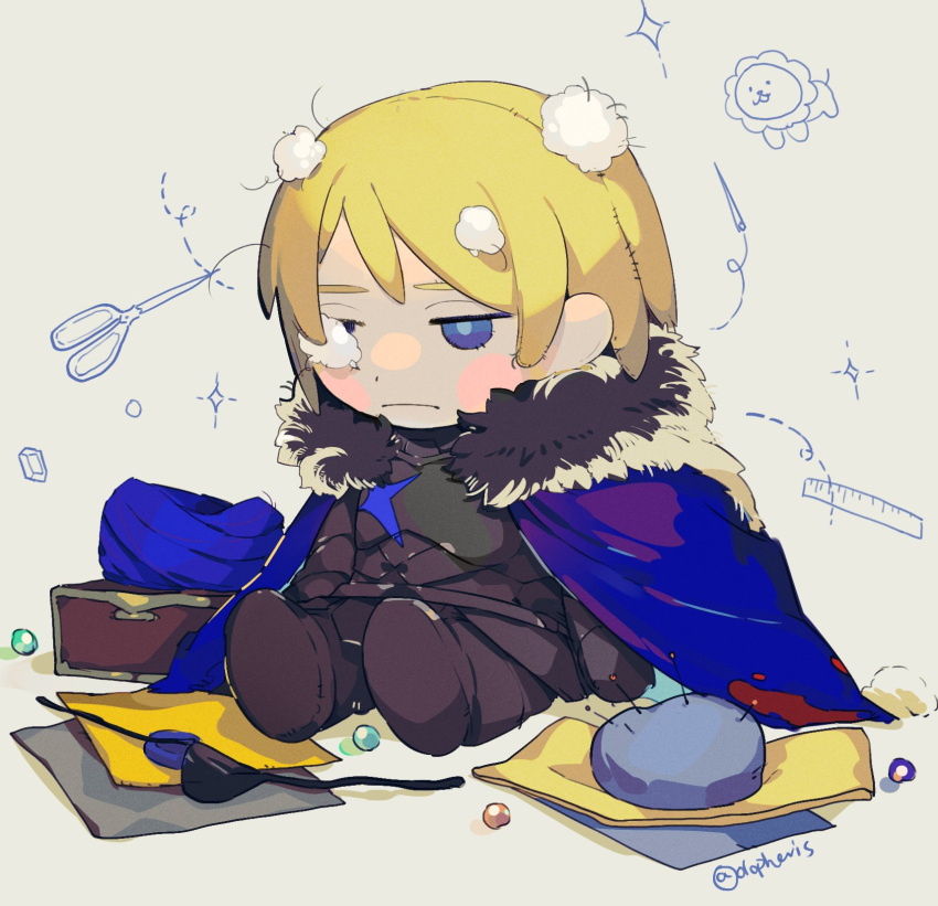 1boy, armor, black_armor, black_footwear, black_fur, blonde_hair, blue_cape, blue_eyes