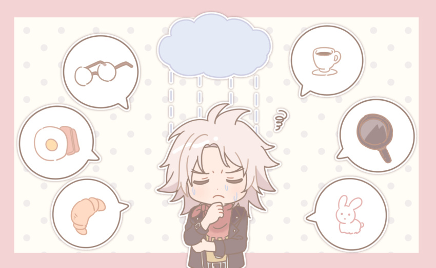 1boy, bandana, black_jacket, border, classicaloid, closed_eyes, clouds, coffee_mug