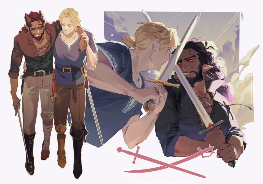 2boys, anduin_wrynn, arm_around_shoulder, arm_hair, bandaged_leg, bandages, beard, belt
