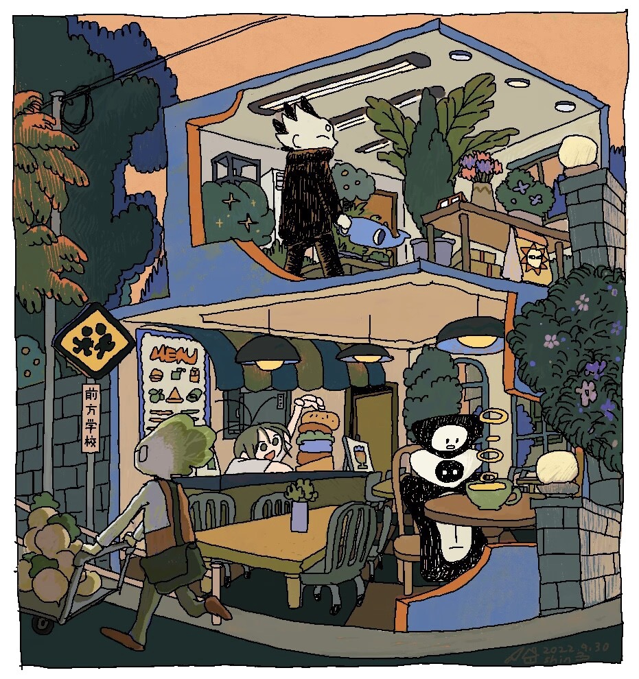 1girl, 2boys, arm_on_table, bag, black_bag, border, brown_footwear, burger