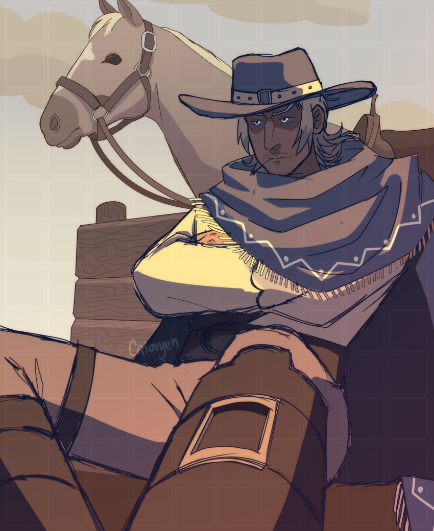 1boy, absurdres, boots, brown_theme, catovyen, classicaloid, commentary, cowboy_hat