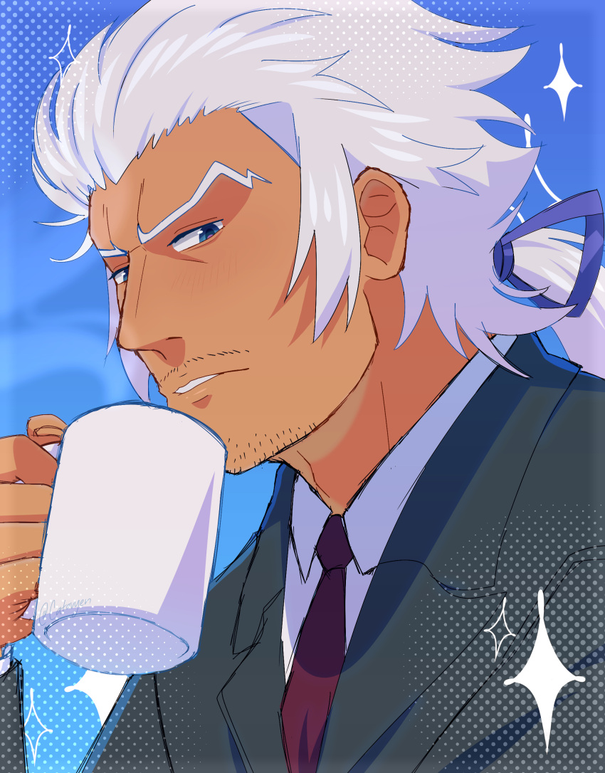 1boy, absurdres, black_jacket, blue_eyes, blue_ribbon, blue_sky, catovyen, classicaloid