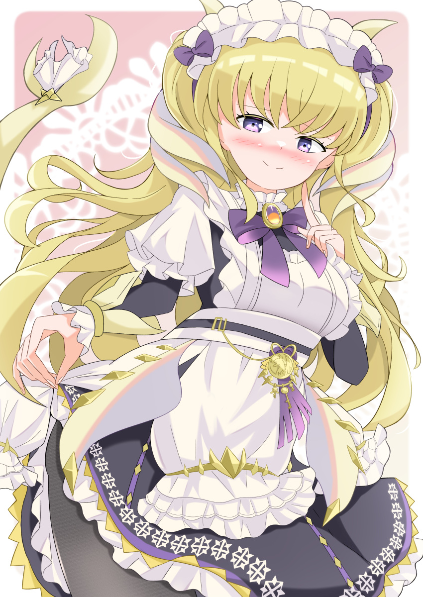1girl, absurdres, apron, blonde_hair, blush, breasts, closed_mouth, dragon_girl