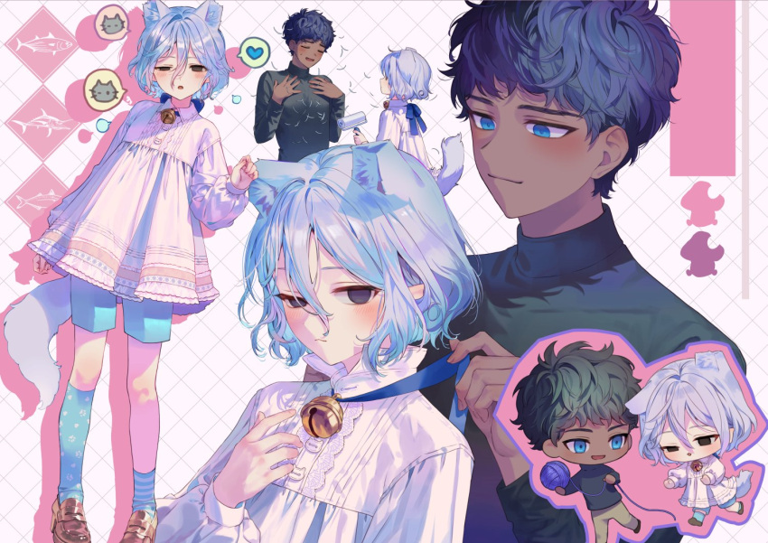 2boys, androgynous, animal_ears, asymmetrical_legwear, bags_under_eyes, bell, black_eyes, black_hair, blue_eyes, blush, cat, cat_boy, cat_ears, cat_tail, chibi, chibi_inset, collared_shirt, curly_hair, dark-skinned_male, dark_skin, dungeon_meshi, elf, grey_hair, heart, kabru, kemonomimi_mode, lazy_eye, long_sleeves, looking_at_viewer, male_focus, mayomayoland, mithrun, multiple_boys, multiple_views, neck_bell, notched_ear, open_mouth, otoko_no_ko, pointy_ears, shirt, shoes, short_hair, shorts, smile, speech_bubble, tail, uneven_eyes, upper_body, wavy_hair, yarn, yarn_ball