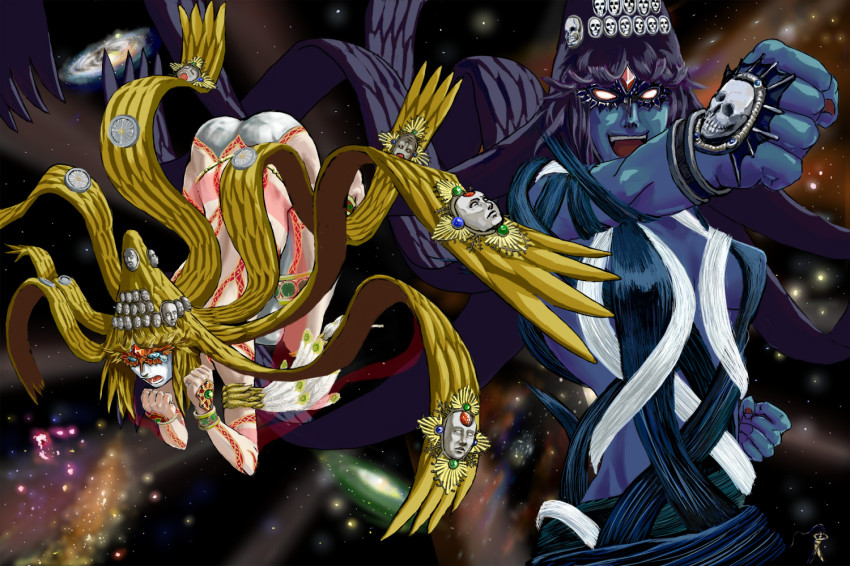 2girls, android, bayonetta_(series), breasts, divine_entity, ed_(end), fighting, jubileus_(bayonetta), large_breasts, mature_female, multiple_girls, non-web_source, queen_sheba_(bayonetta), tears