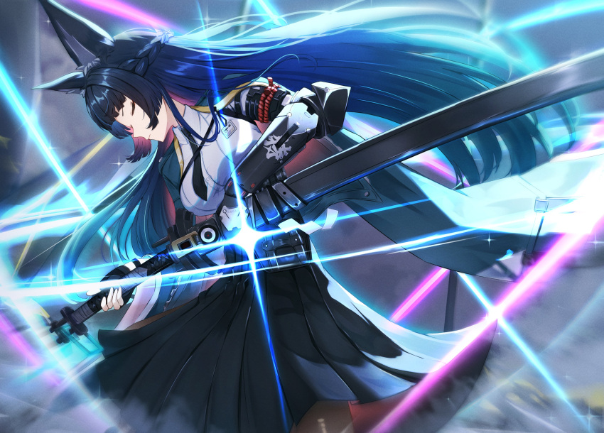 1girl, animal_ears, aqua_jacket, arm_out_of_sleeve, black_gloves, black_hair, black_necktie, black_pantyhose