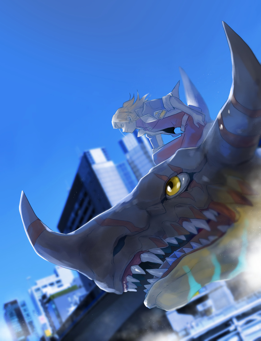 1boy, absurdres, blue_jacket, blurry, blurry_background, bodysuit, brown_hair, cityscape, commentary, daimon_masaru_(digimon_savers), digimon, digimon_(creature), digimon_savers, dinosaur, geogreymon, highres, jacket, male_focus, medium_hair, ookutsuwa_waga, open_clothes, open_jacket, red_bodysuit, sharp_teeth, teeth
