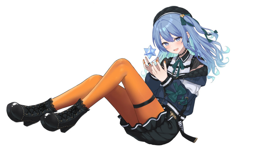 1girl, :d, belt, beret, black_belt, black_choker, black_dress, black_footwear, black_hat, blue_eyes, blue_hair, blue_jacket, boots, choker, collared_dress, cross-laced_clothes, cross-laced_footwear, cross-laced_sleeves, dress, full_body, green_ribbon, hair_ribbon, hat, highres, hololive, hoshimachi_suisei, hoshimachi_suisei_(casual), jacket, kohaku_(csacu), lace, lace-up_boots, lace_choker, long_hair, nail_polish, neck_ribbon, official_alternate_costume, one_side_up, orange_nails, orange_pantyhose, pantyhose, quilted_headwear, quilted_jacket, ribbon, simple_background, smile, solo, thigh_strap, virtual_youtuber, white_background