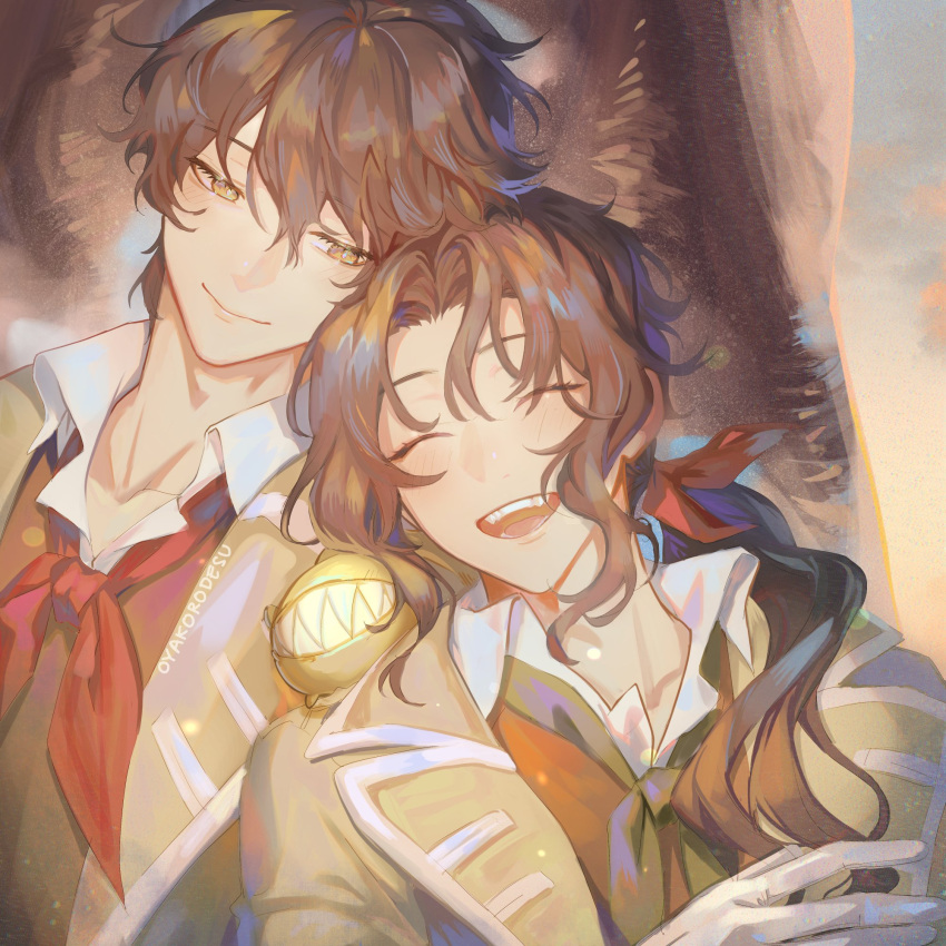 2boys, black_ribbon, brothers, brown_hair, brown_vest, closed_eyes, closed_mouth, coat