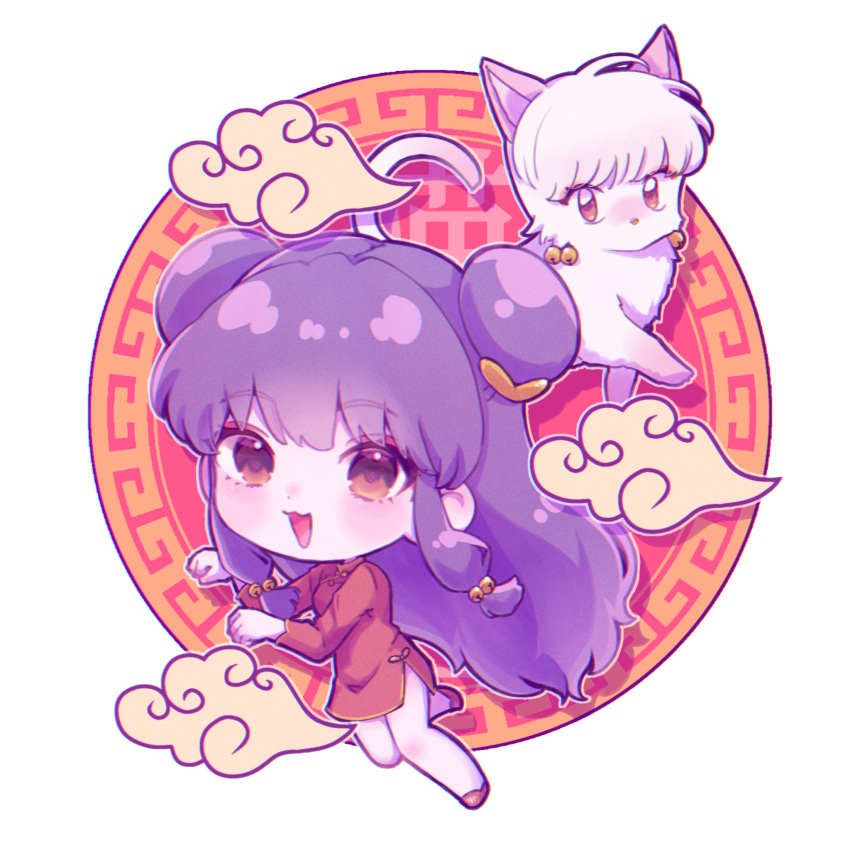1girl, bell, cat, chibi, chinese_clothes, dress, dual_persona, hair_bell, hair_ornament, highres, long_hair, mi_oxo_9m, open_mouth, purple_hair, ranma_1/2, red_dress, shampoo_(cat), shampoo_(ranma_1/2), sidelocks, smile, two-tone_fur
