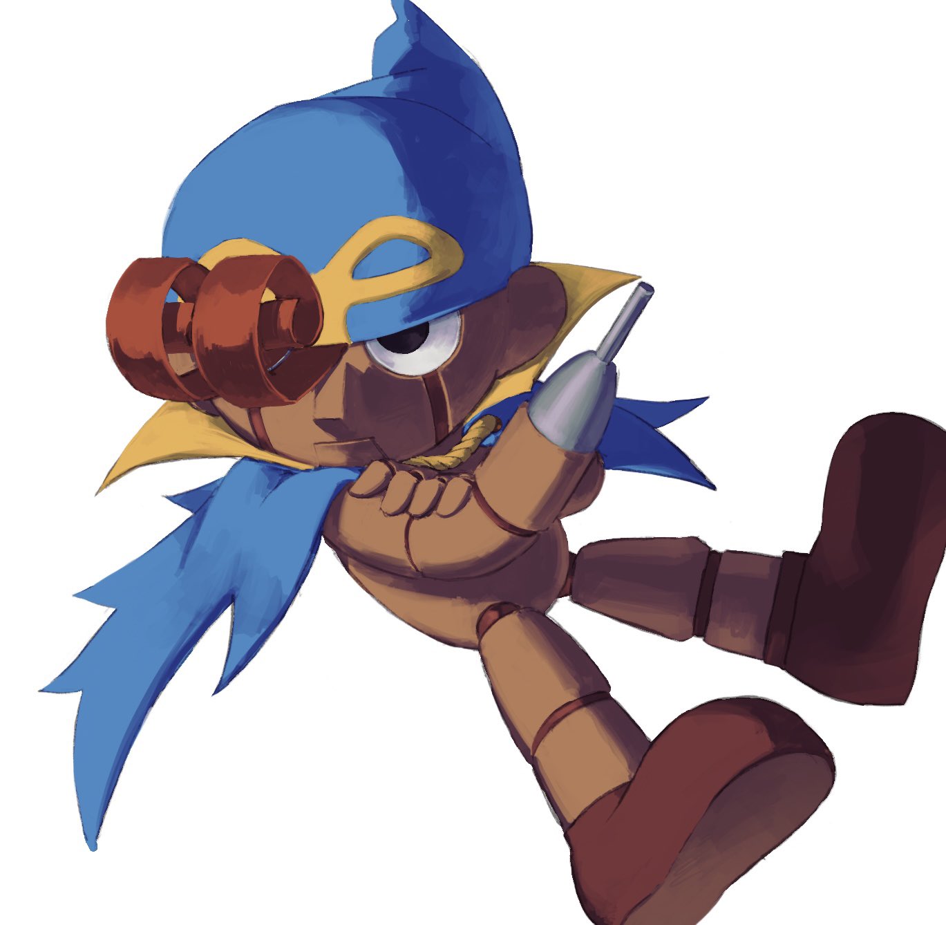 1boy, arm_cannon, arm_up, black_eyes, blue_cape, blue_hat, brown_footwear, cape, closed_mouth, commentary_request, expressionless, floating_cape, full_body, geno_(mario), hand_on_own_arm, hat, highres, kuroi_san12, looking_ahead, male_focus, marionette, one_eye_covered, puppet, simple_background, solo, super_mario_bros., super_mario_rpg, weapon, white_background