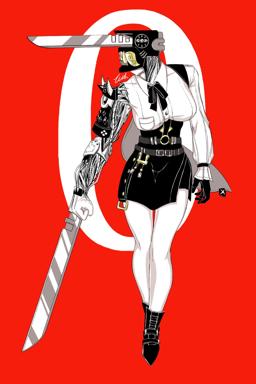 1girl, armor, black_footwear, black_gloves, black_skirt, chainsaw, chainsaw_man, cosplay
