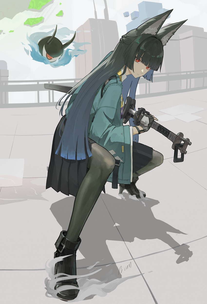 1girl, absurdres, animal_ear_fluff, animal_ears, black_footwear, black_gloves, black_hair, black_pantyhose