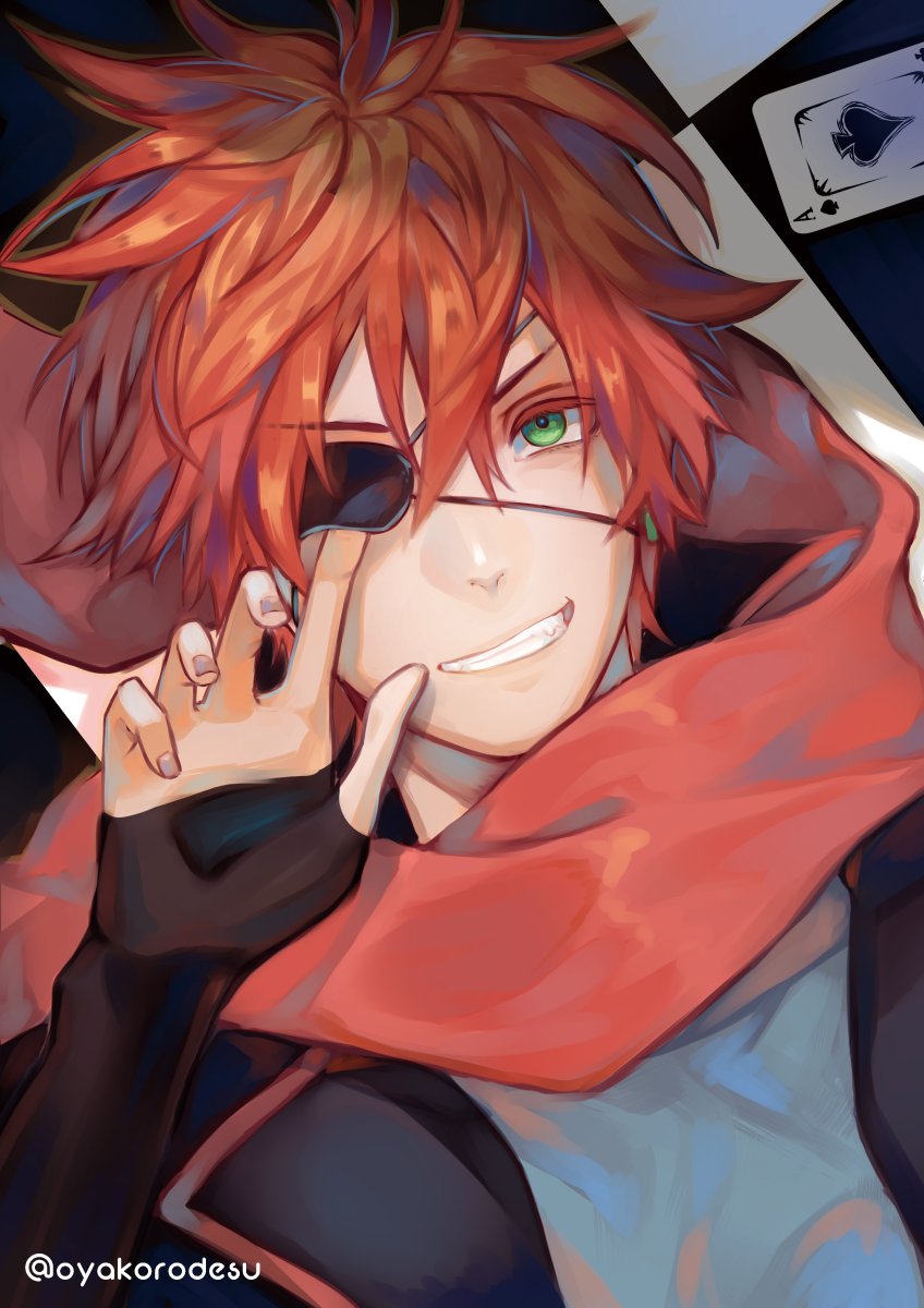 1boy, armband, black_armband, black_coat, black_order_uniform, blue_shirt, card, checkered_floor