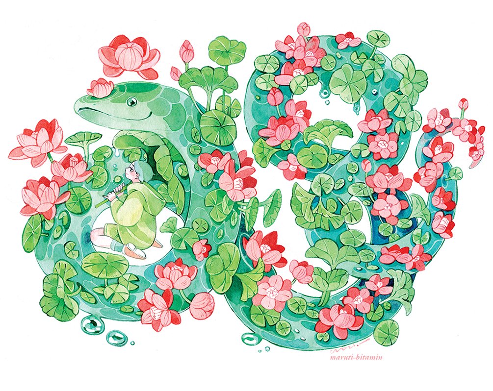 1boy, artist_name, commentary, english_commentary, flower, green_hoodie, green_snake, hood, hood_down, hoodie, lotus, lotus_leaf, maruti_bitamin, original, shoe_soles, short_hair, snake