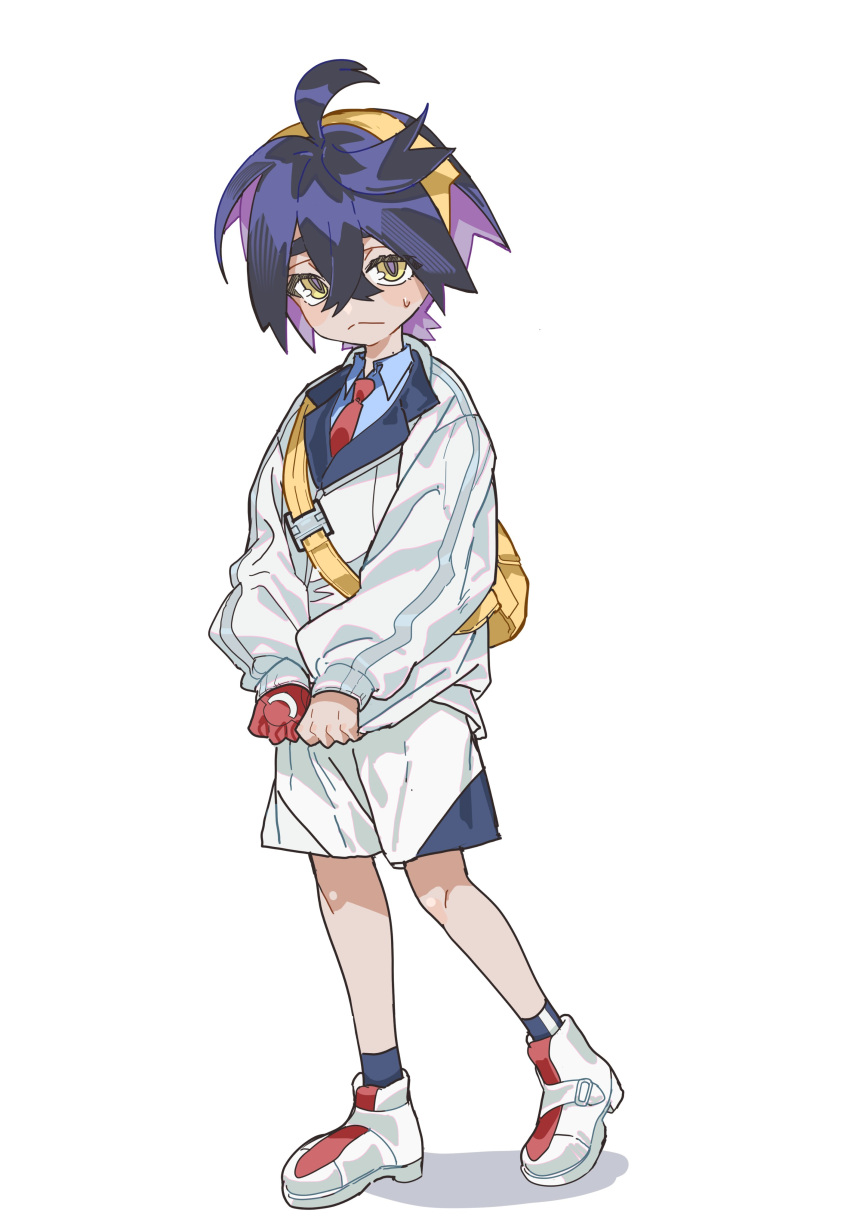 1boy, 5oh5s2, absurdres, black_hair, blue_shirt, blue_socks, closed_mouth, collared_shirt