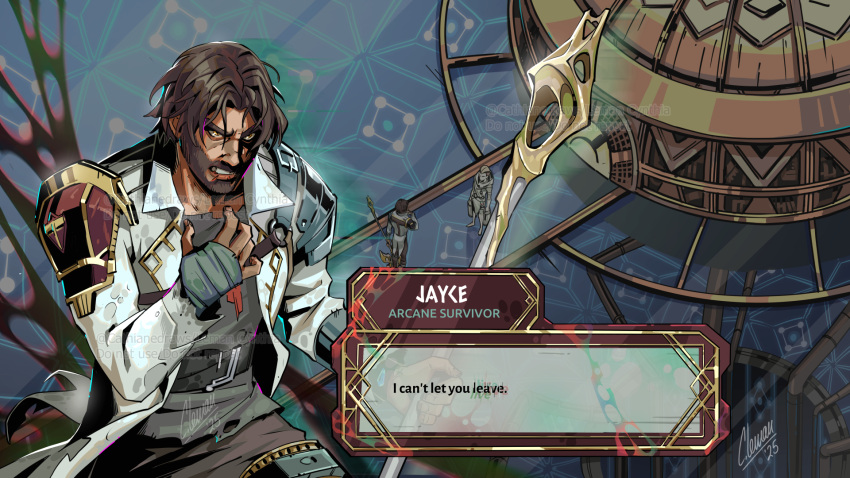 2boys, arcane:_league_of_legends, arcane_survivor_jayce, beard, brown_hair, brown_pants, cathiane, english_text