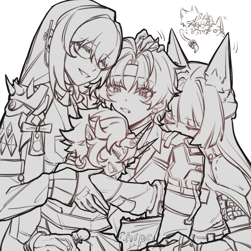 1boy, 2646241897, 3girls, animal_ear_fluff, animal_ears, armor, asaba_harumasa, asaba_harumasa_(cat), blunt_bangs, chinese_commentary, clenched_teeth, closed_eyes, dress_shirt, earrings, fox_ears, fox_girl, gloves, greyscale, hair_between_eyes, hand_on_another's_head, headband, highres, horns, hoshimi_miyabi, hoshimi_miyabi_(cat), hug, jewelry, long_hair, monochrome, multiple_girls, oni, open_mouth, parted_lips, pointy_ears, shirt, short_hair, shoulder_armor, sidelocks, simple_background, smile, soukaku_(cat), soukaku_(zenless_zone_zero), teeth, tsukishiro_yanagi, tsukishiro_yanagi_(cat), upper_body, white_background, zenless_zone_zero