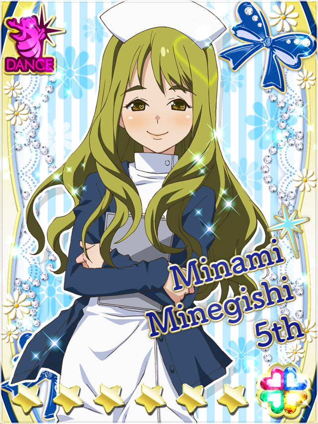 1girl, akb0048, blue_jacket, card_(medium), character_name, clipboard, closed_mouth, cowboy_shot, dress, flower, green_eyes, green_hair, hat, heart, holding, holding_clipboard, jacket, long_hair, long_sleeves, looking_at_viewer, minamino_mikako, non-web_source, nurse, nurse_cap, official_art, open_clothes, open_jacket, smile, solo, sparkle, standing, star_(symbol), vertical-striped_background, wavy_hair, white_dress, white_flower, white_hat